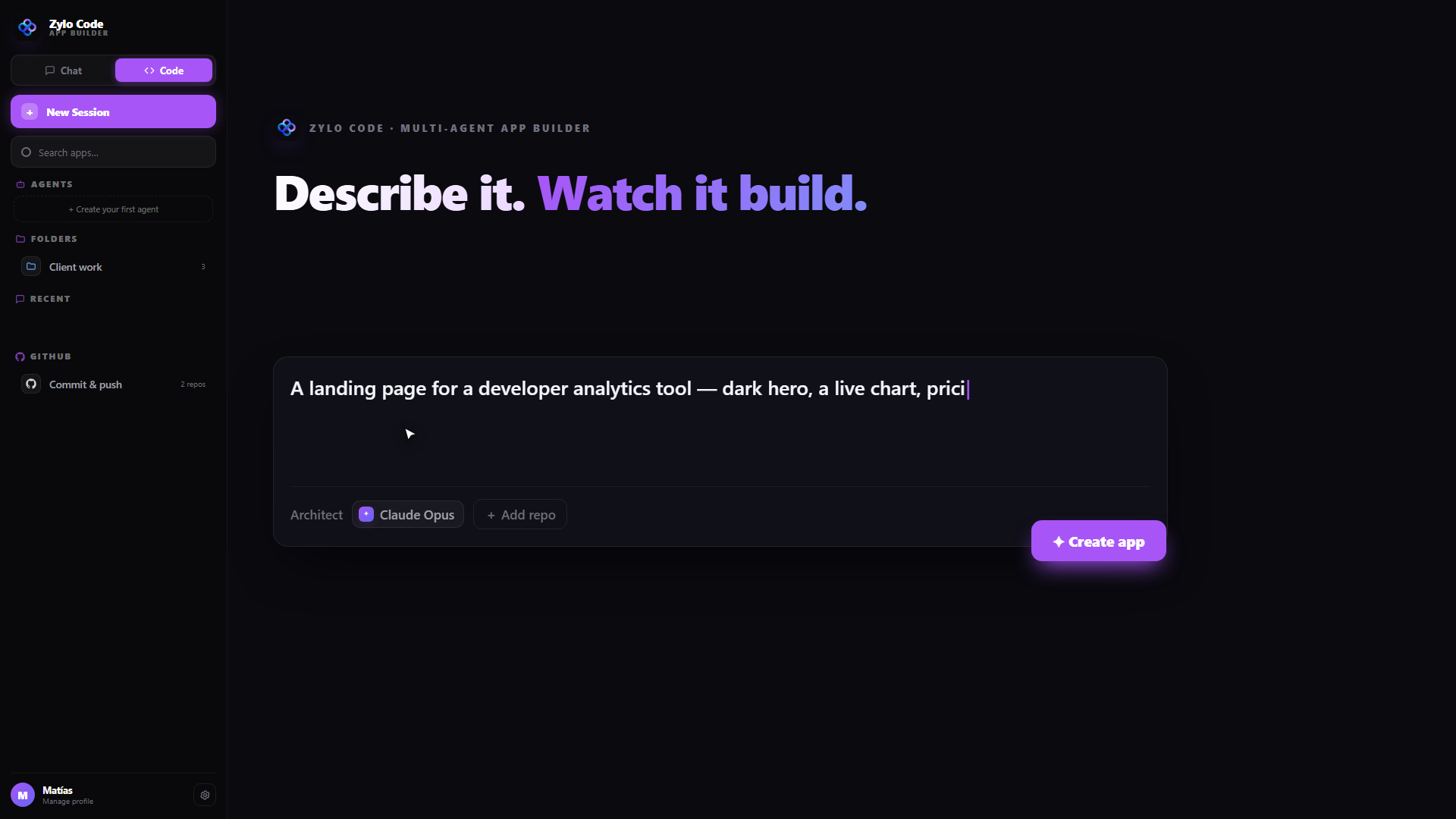 Zylo Code home screen with starter templates and recent sessions