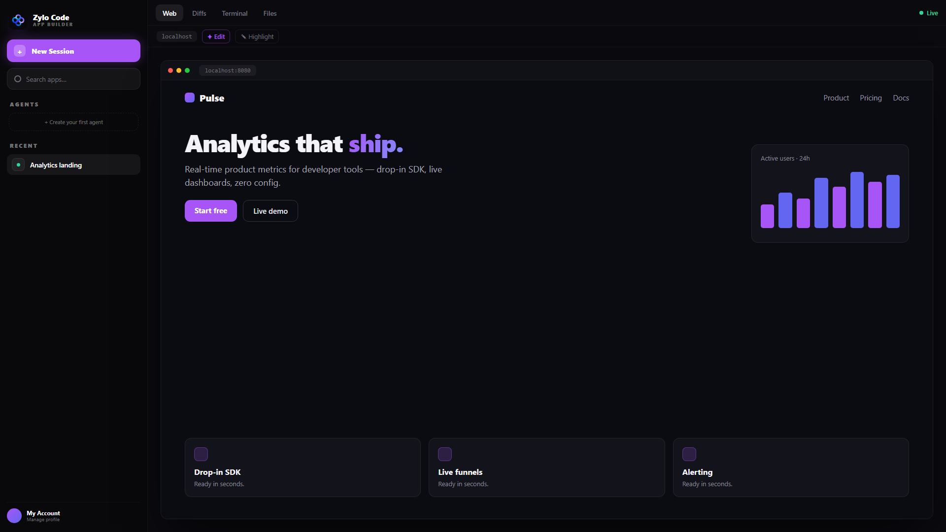 Zylo Code live preview: Web / Diffs / Terminal / Files tabs with a generated landing page rendering live